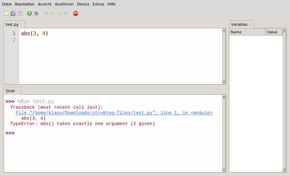 Screenshot einer Typ-Fehlermeldung des Python-Interpreters bei falscher Parameteranzahl