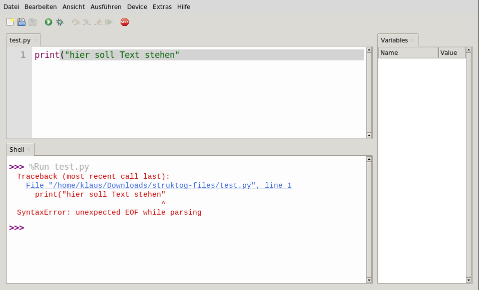 Screenshot einer EOF-Fehlermeldung des Python-Interpreters