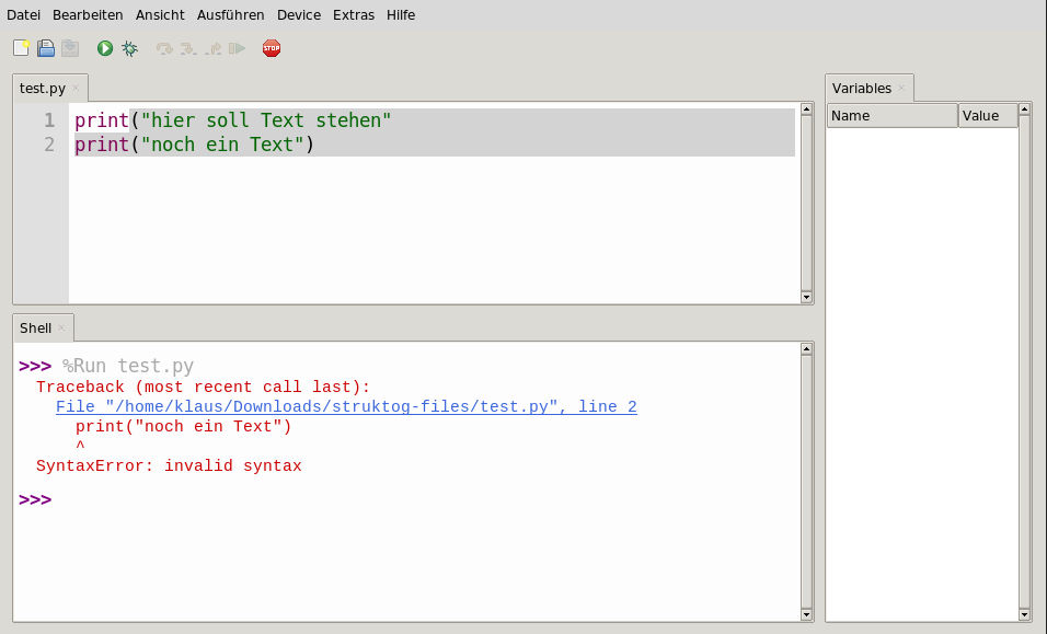 Screenshot einer Syntax-Fehlermeldung des Python-Interpreters